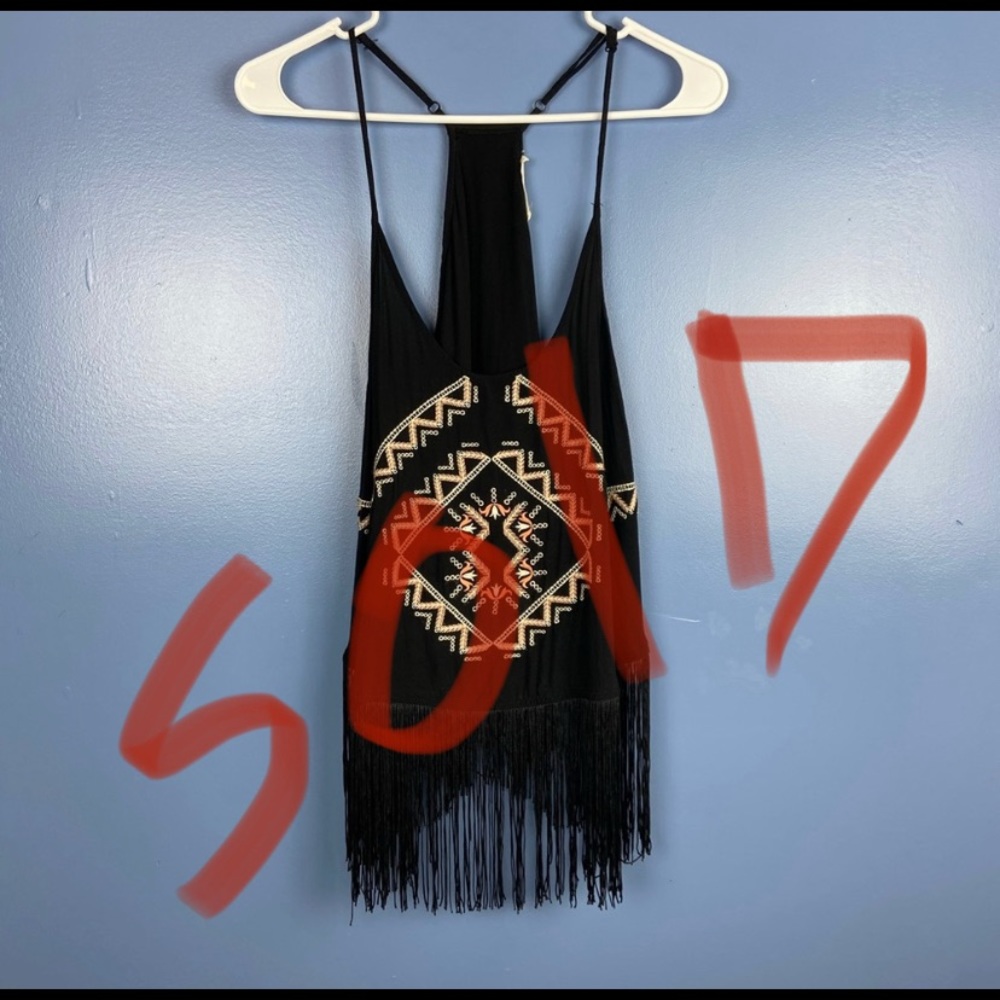 🍉Haute Society Black Boho Embroidered Fringe Tank